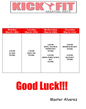Kickfit Testing Schedule - Cooper City / Davie / Weston