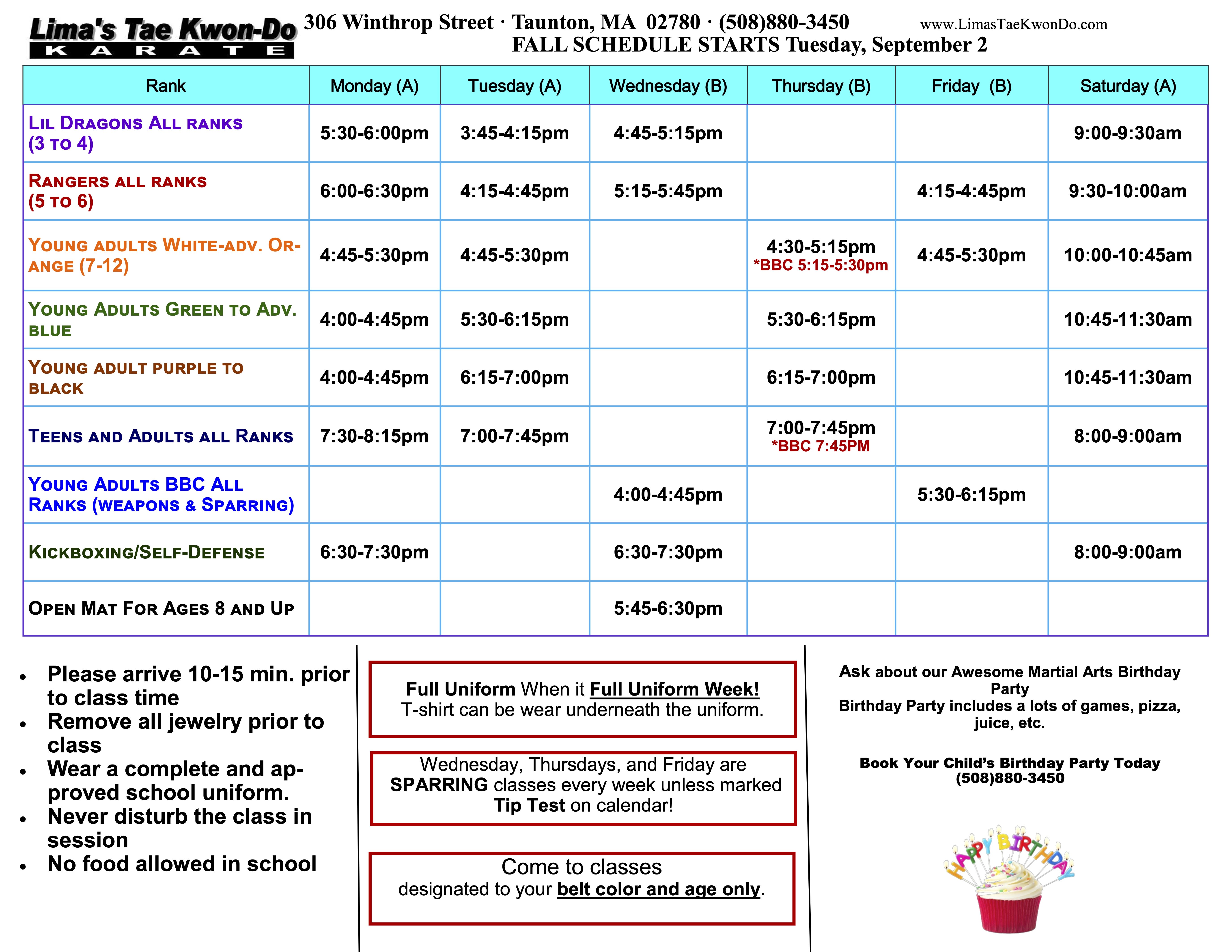 Lima's Tae Kwon-Do Schedule