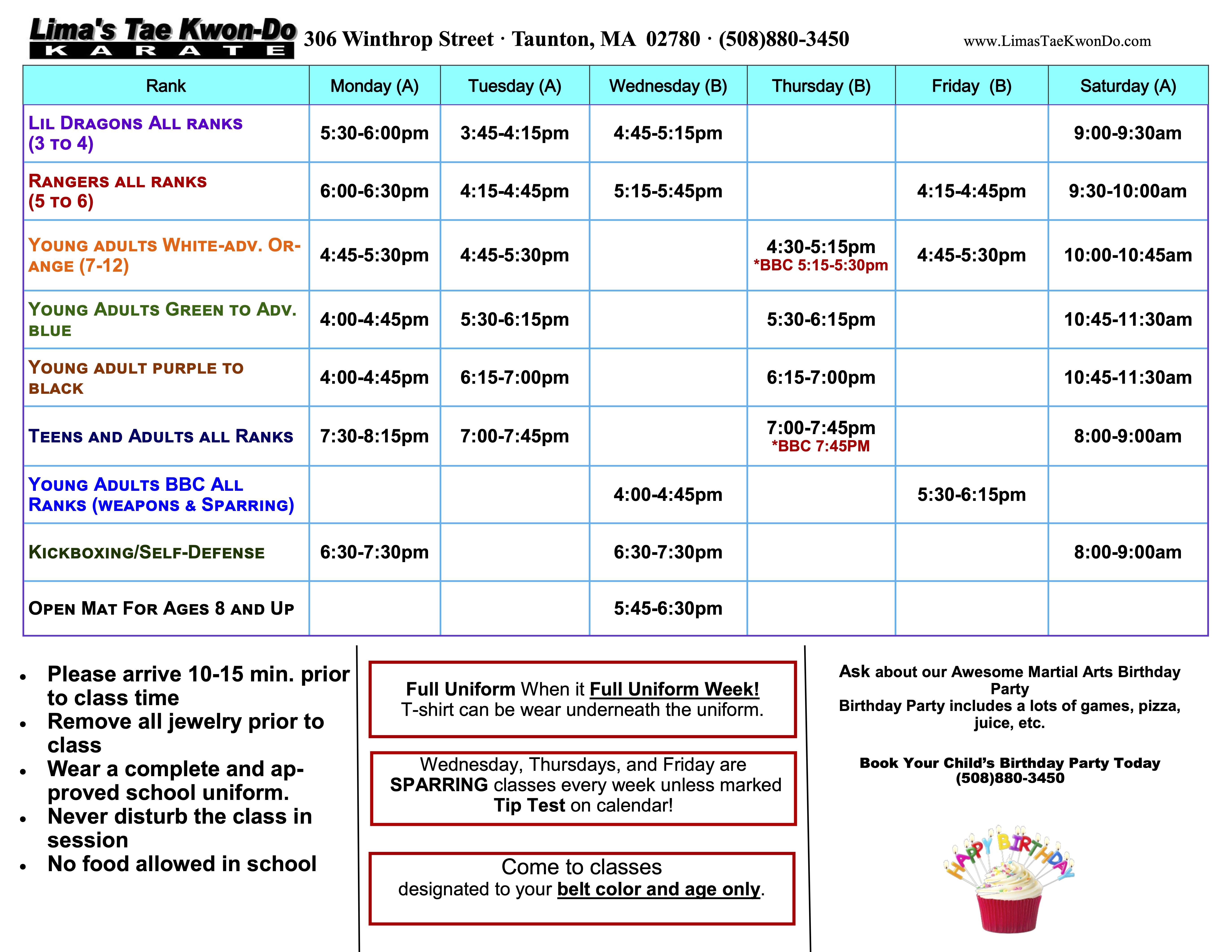 Lima's Tae Kwon-Do Schedule
