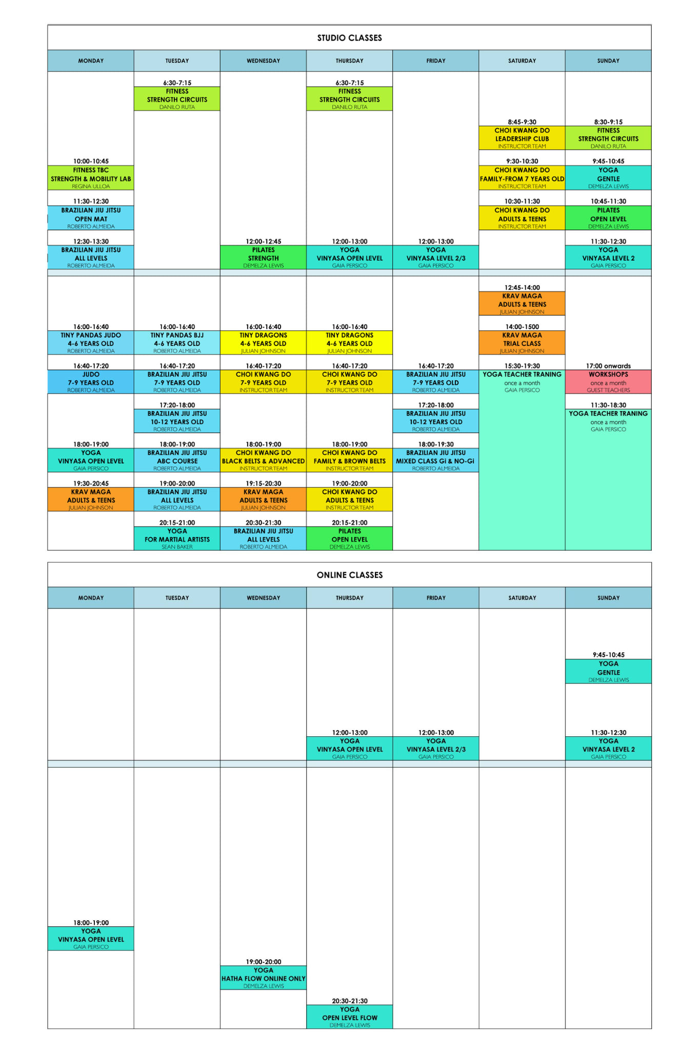 Martial Arts and Yoga Schedule