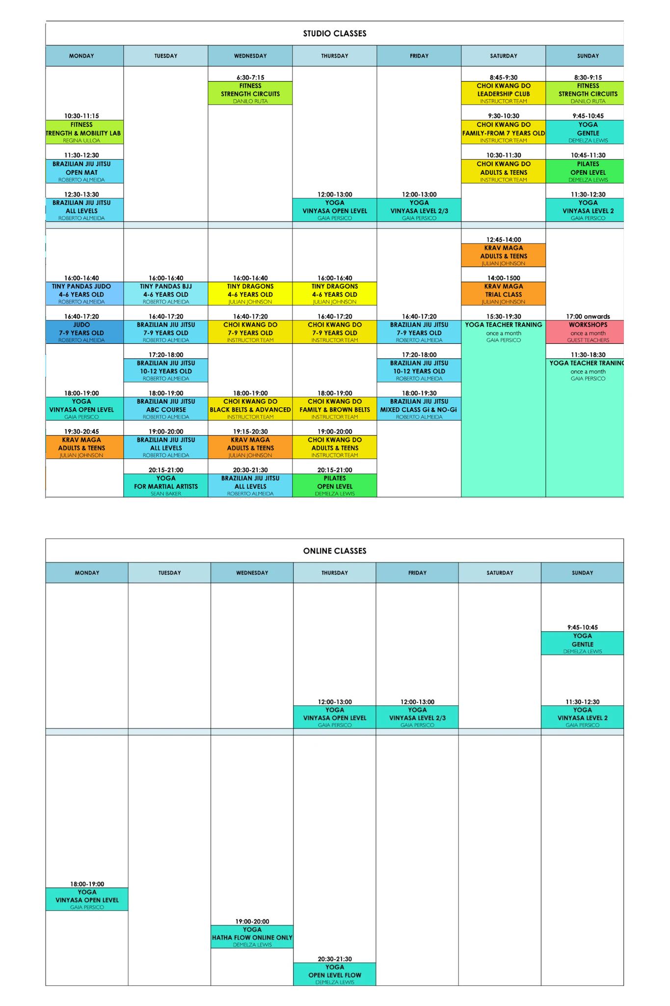Martial Arts and Yoga Schedule