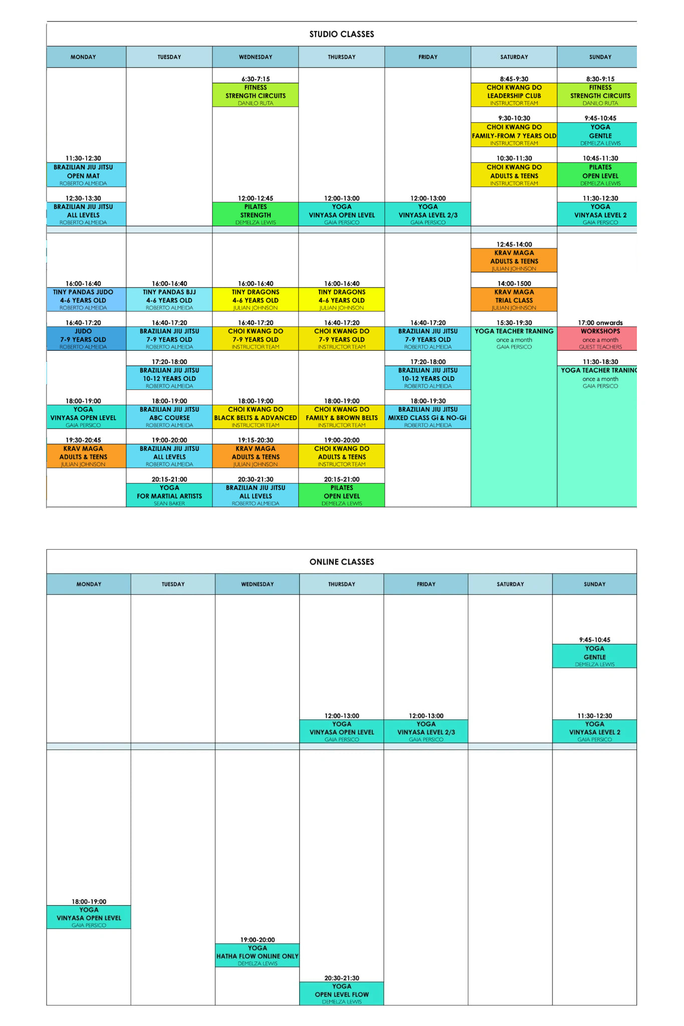 Martial Arts and Yoga Schedule