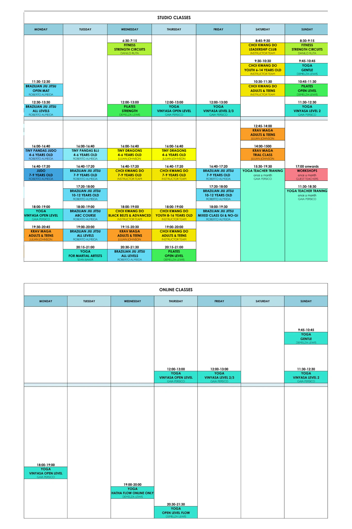 Martial Arts and Yoga Schedule