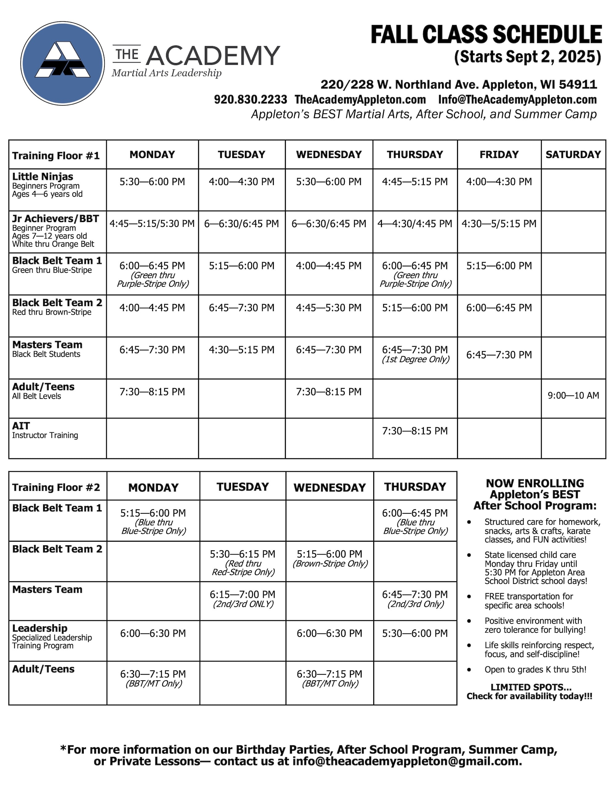 The Academy - Martial Arts Leadership  Schedule