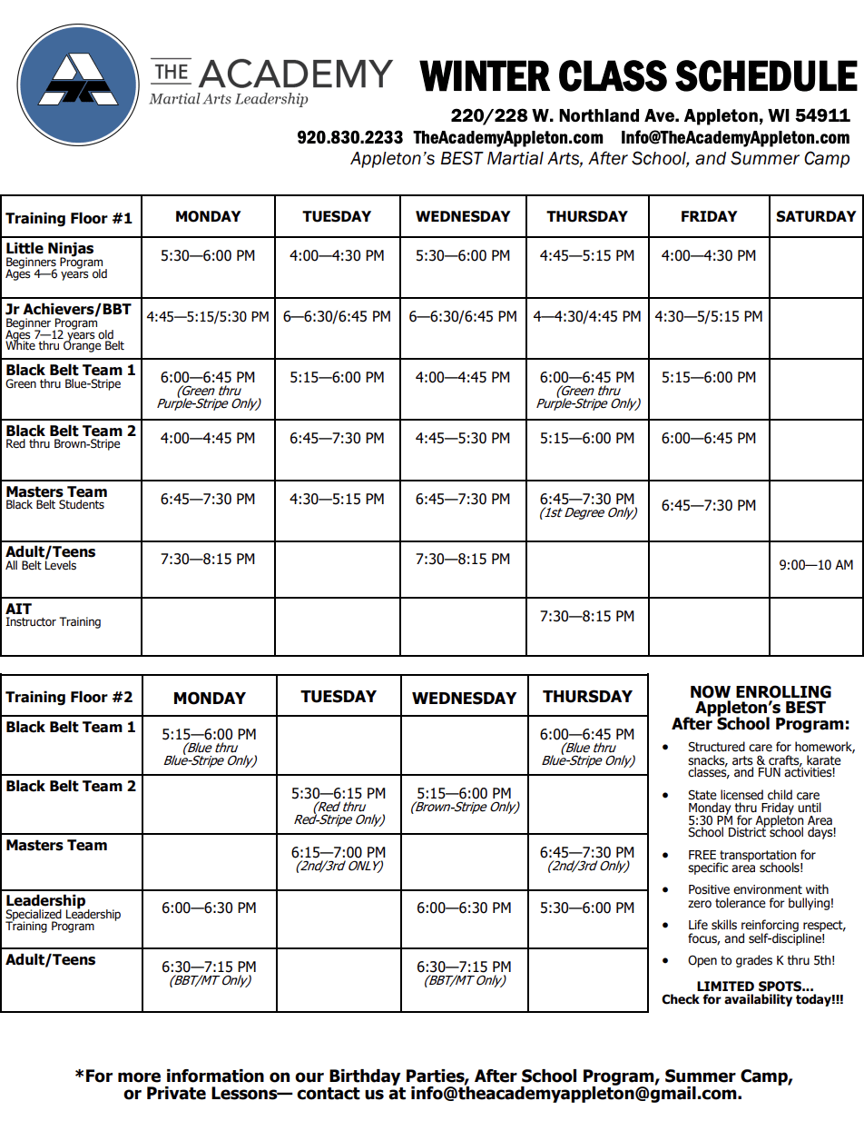 The Academy - Martial Arts Leadership  Schedule