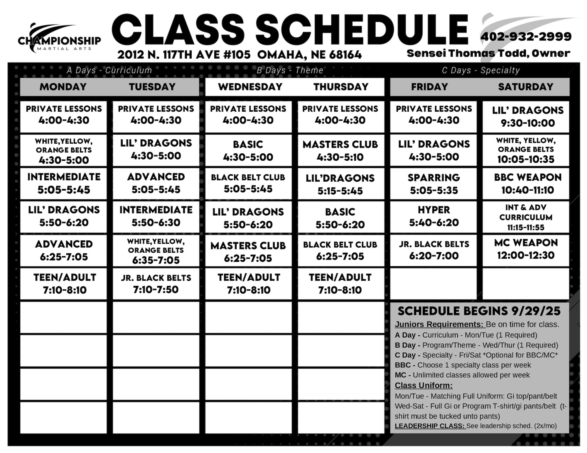 Championship Martial Arts - Omaha Schedule