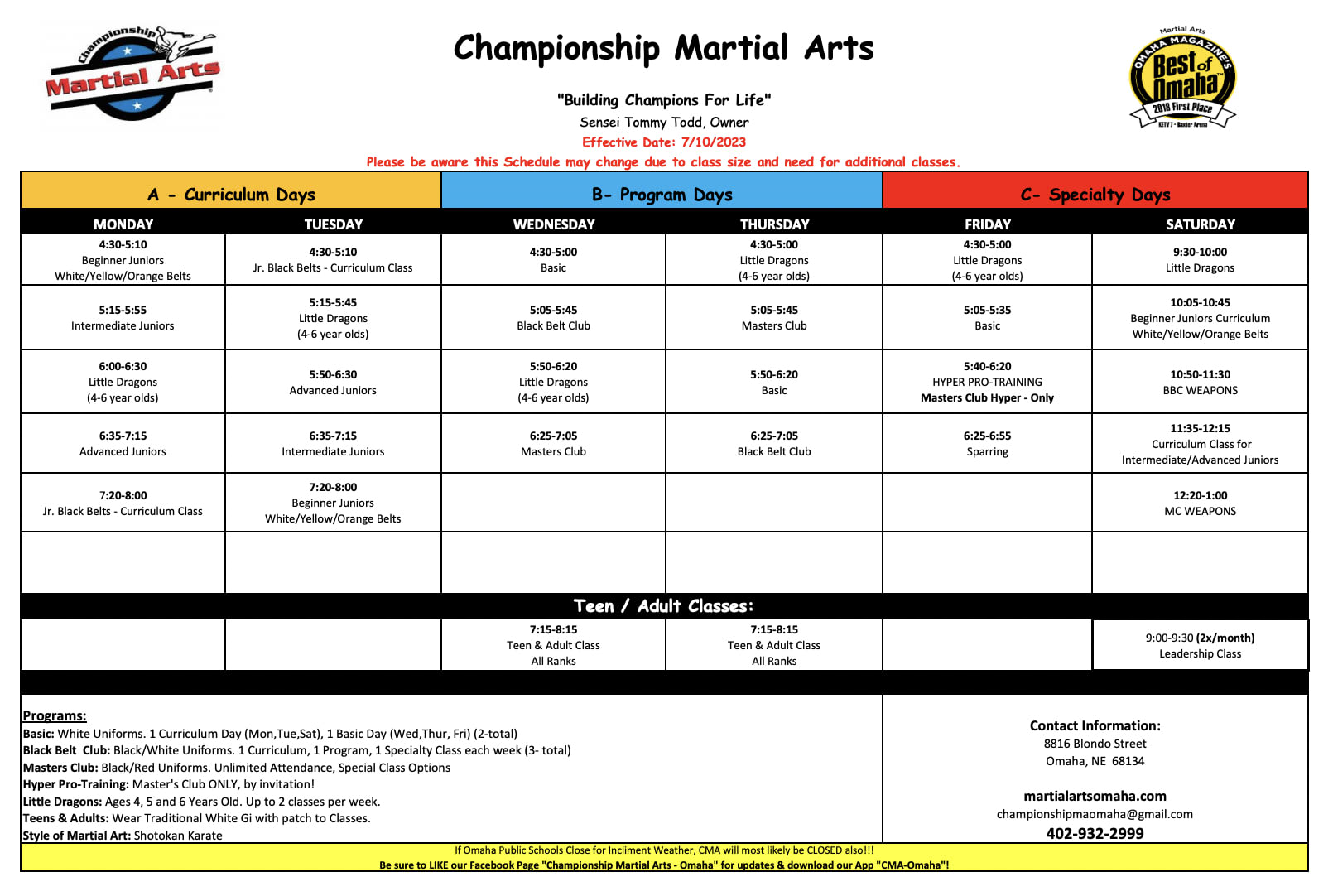 Championship Martial Arts Omaha Schedule Kids Martial Arts in Omaha