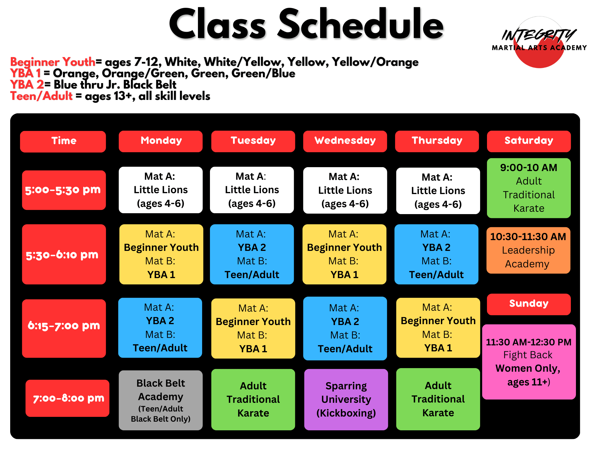 Integrity Martial Arts Academy Schedule