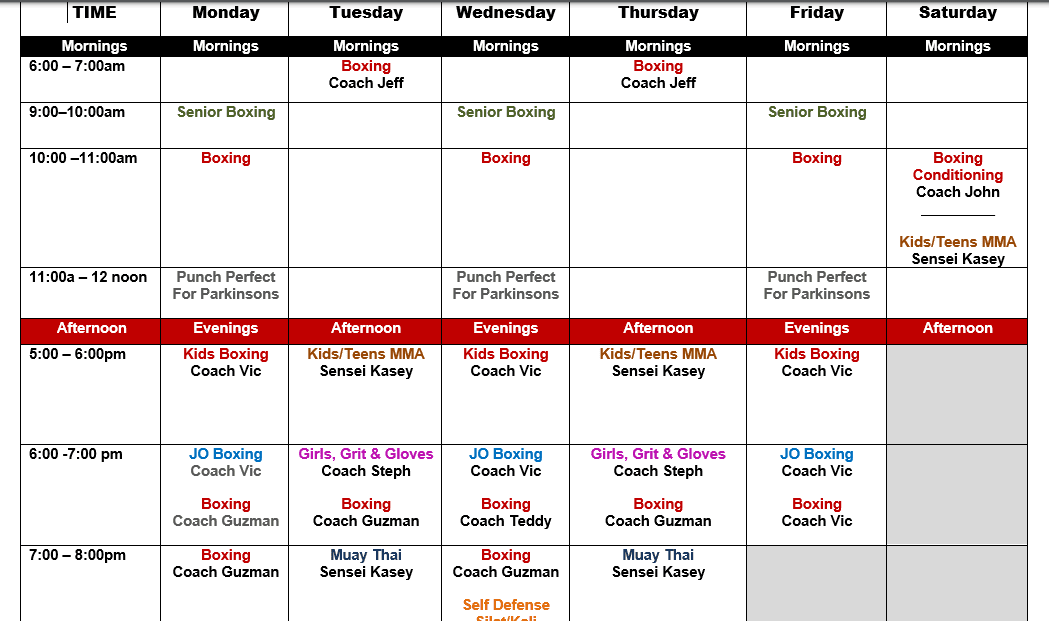 Southpaw Gym Schedule