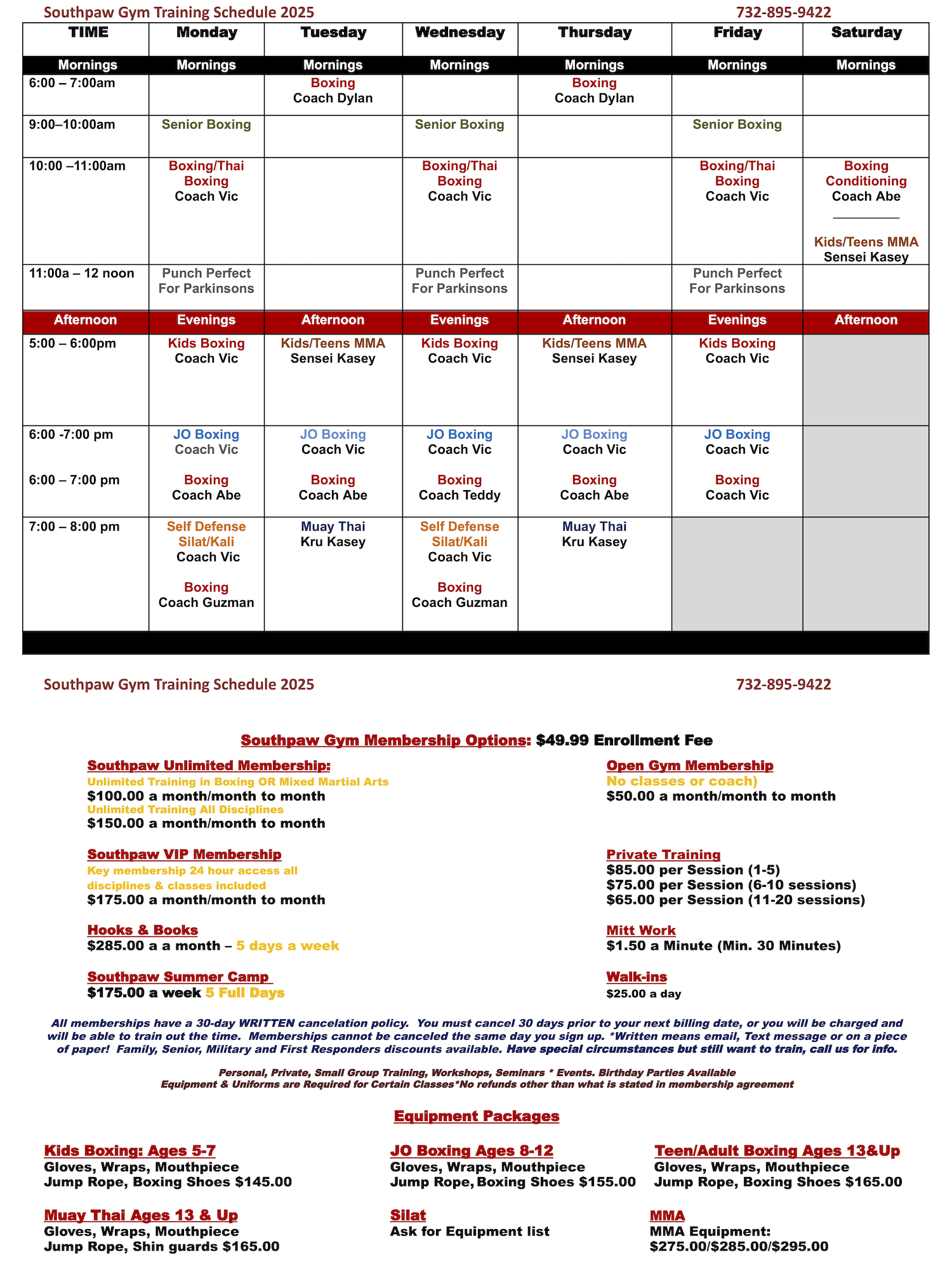 Southpaw Gym Schedule