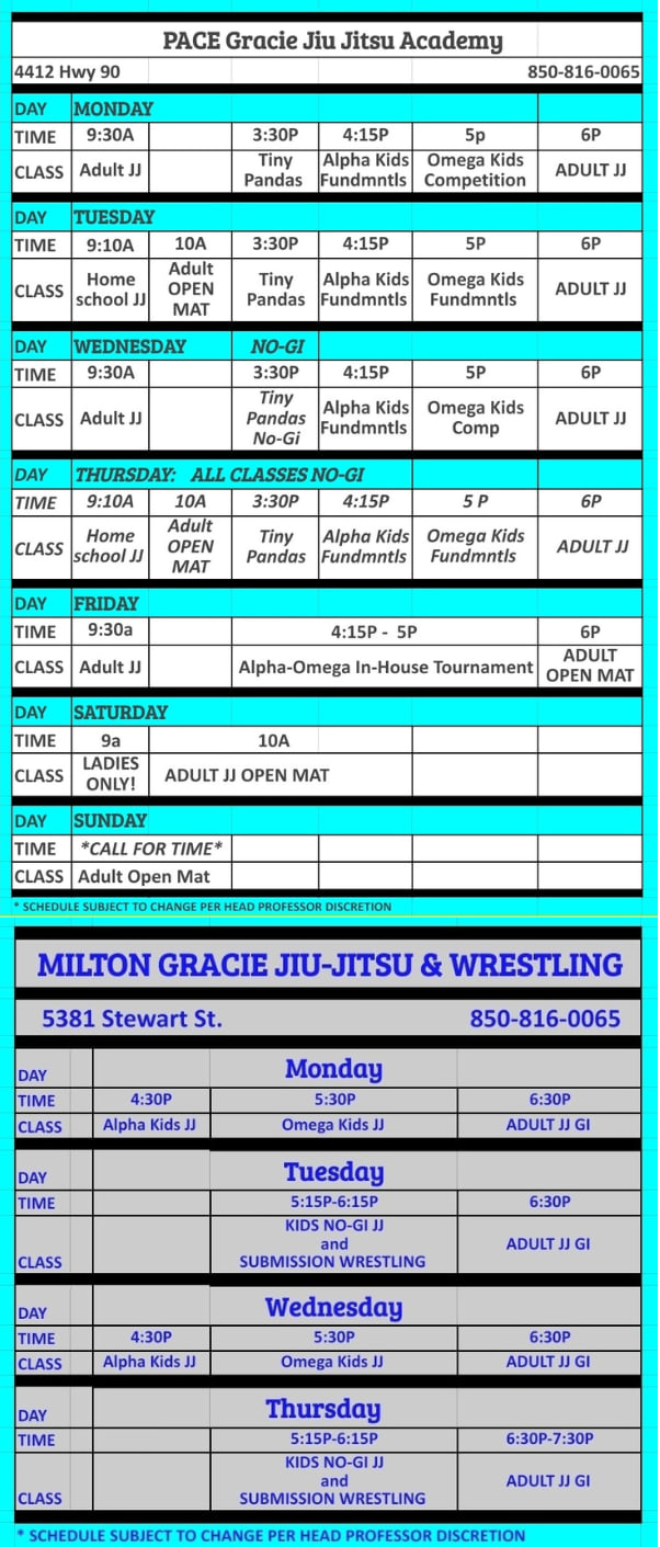 Pace Gracie Jiu Jitsu Academy Schedule