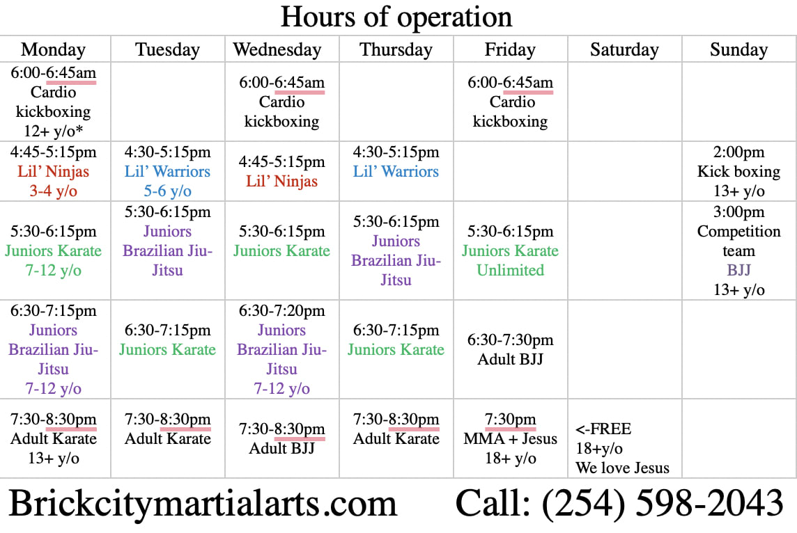 Brick City Martial Arts Schedule