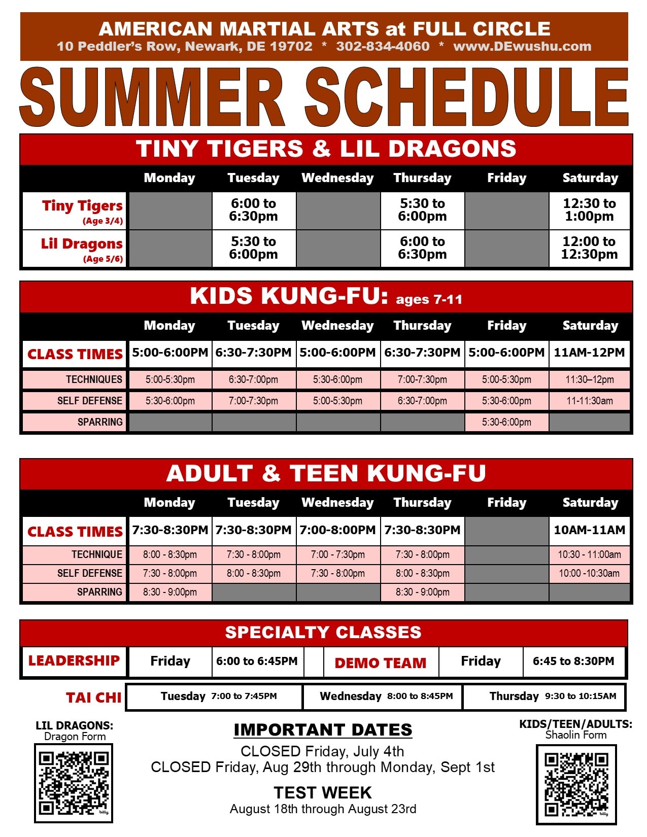 American Martial Arts Institute Schedule