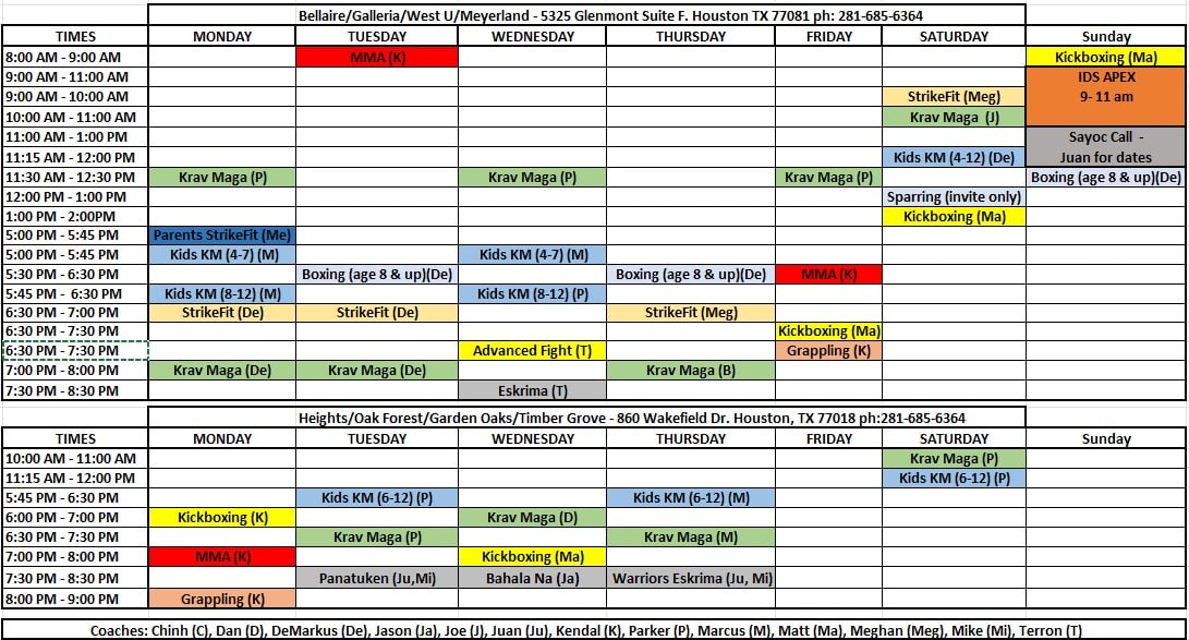 Level 6 Krav Maga Schedule