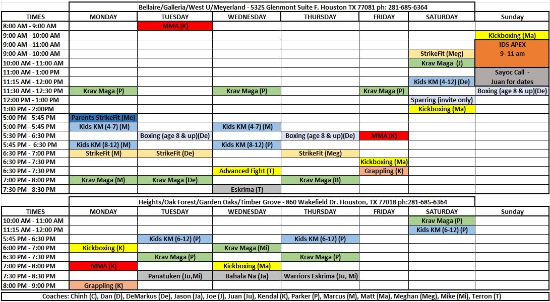 Level 6 Krav Maga Schedule