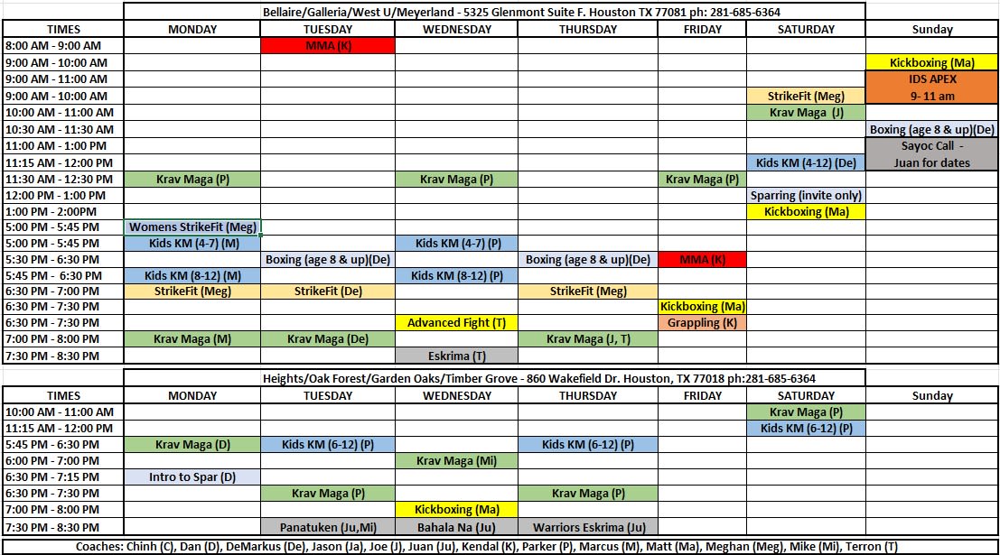 Level 6 Krav Maga Schedule