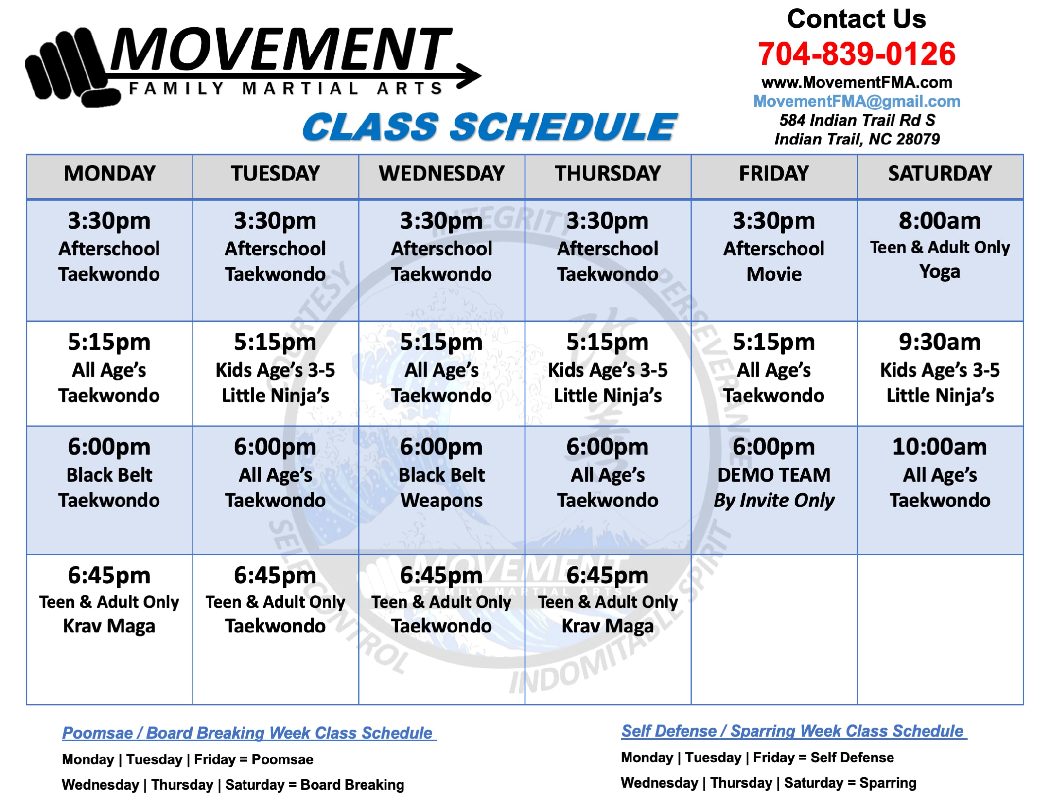 Movement Family Martial Arts Schedule