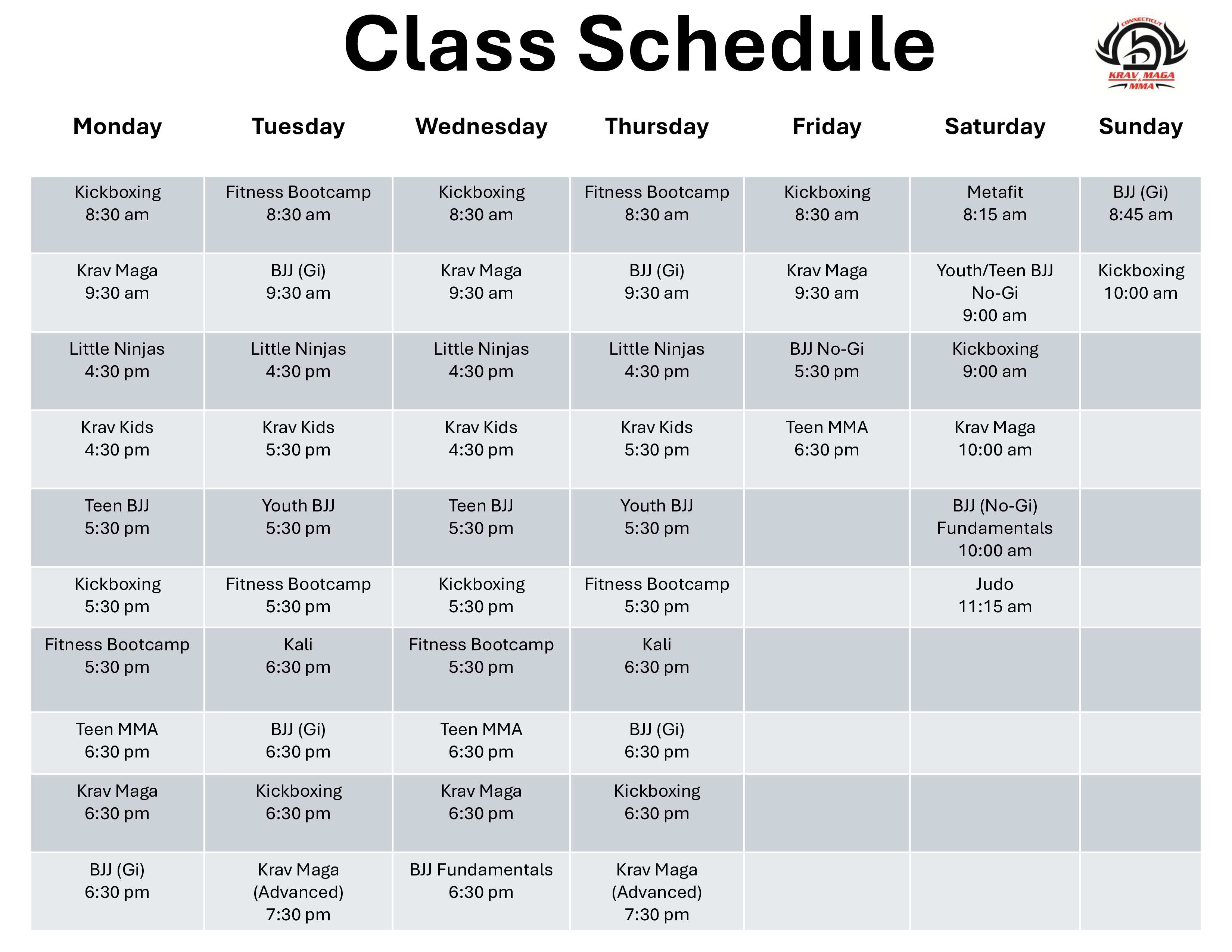CT Krav Maga & MMA Schedule