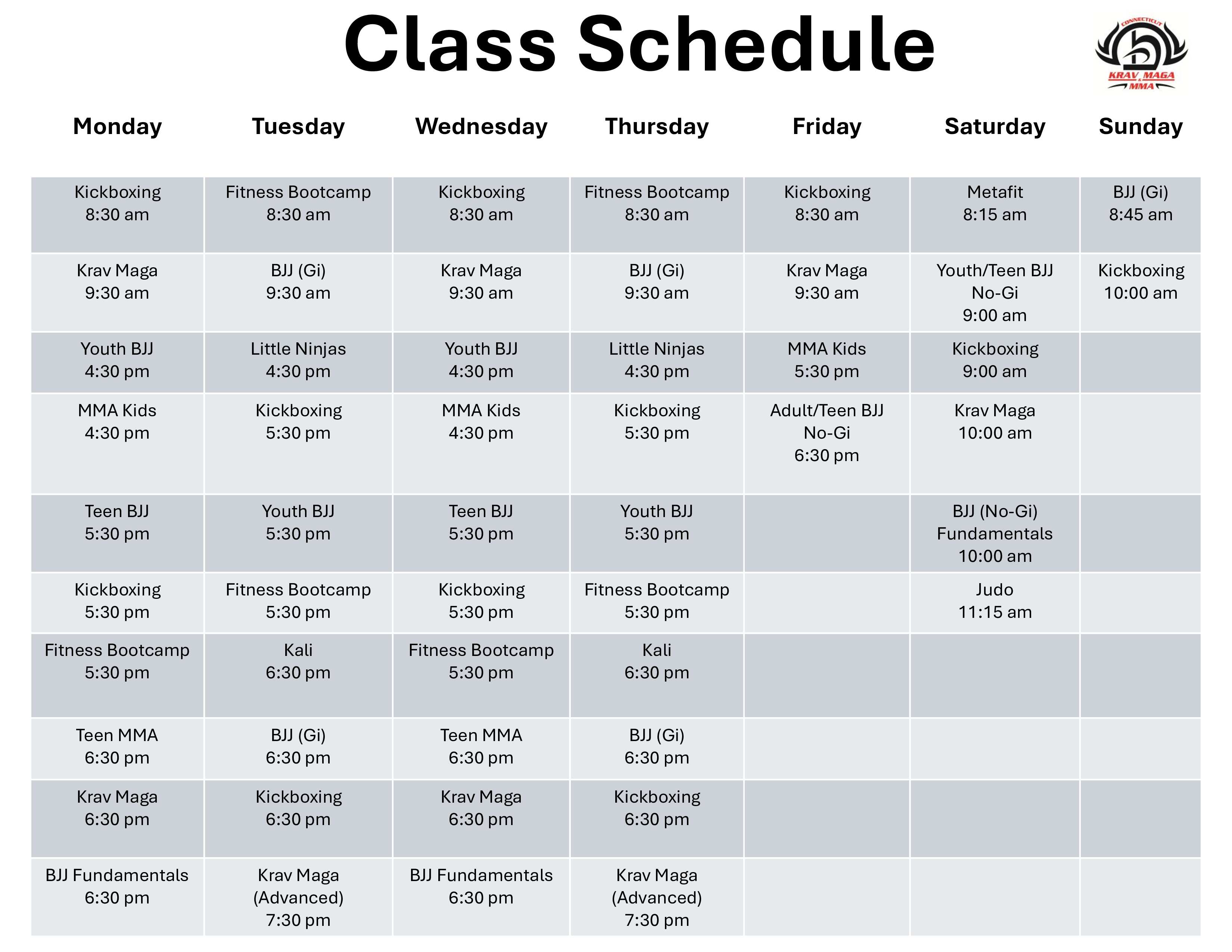 CT Krav Maga & MMA Schedule