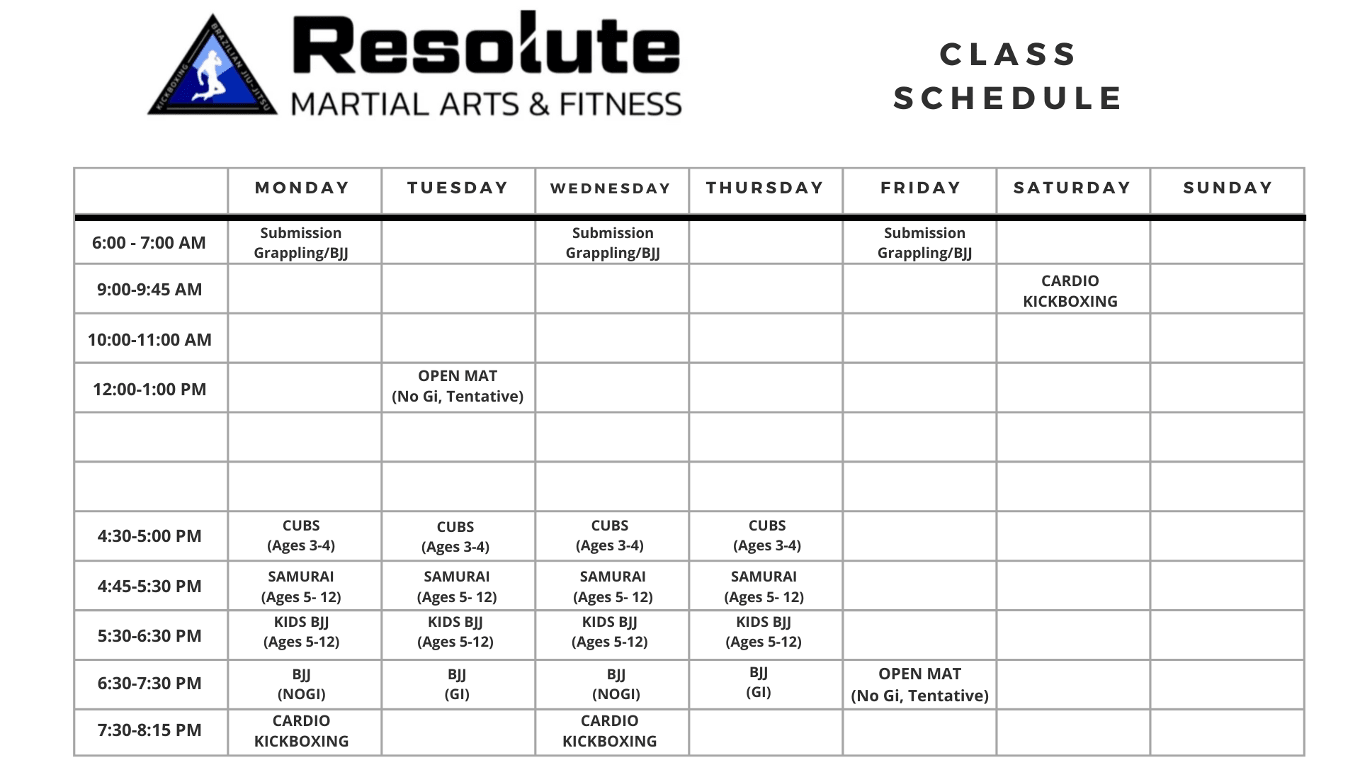 Resolute Martial Arts & Fitness Schedule
