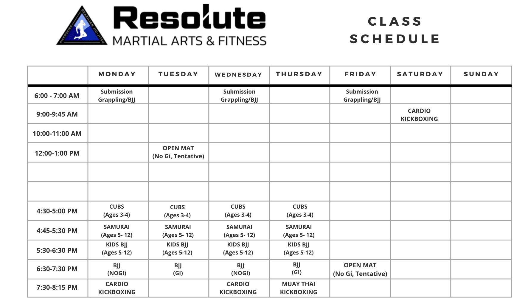 Resolute Martial Arts & Fitness Schedule