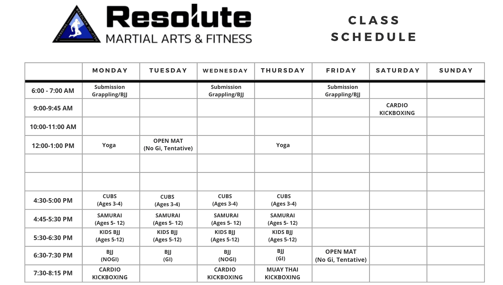 Resolute Martial Arts & Fitness Schedule