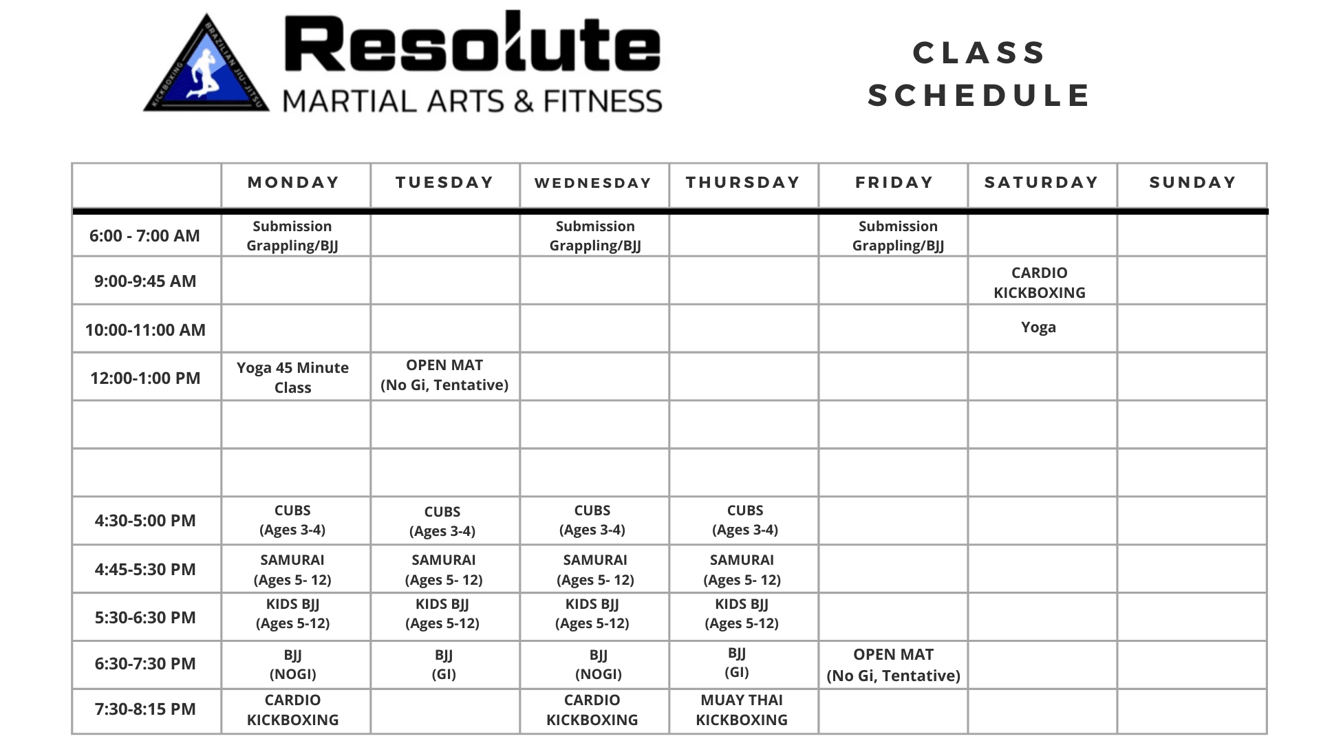 Resolute Martial Arts & Fitness Schedule