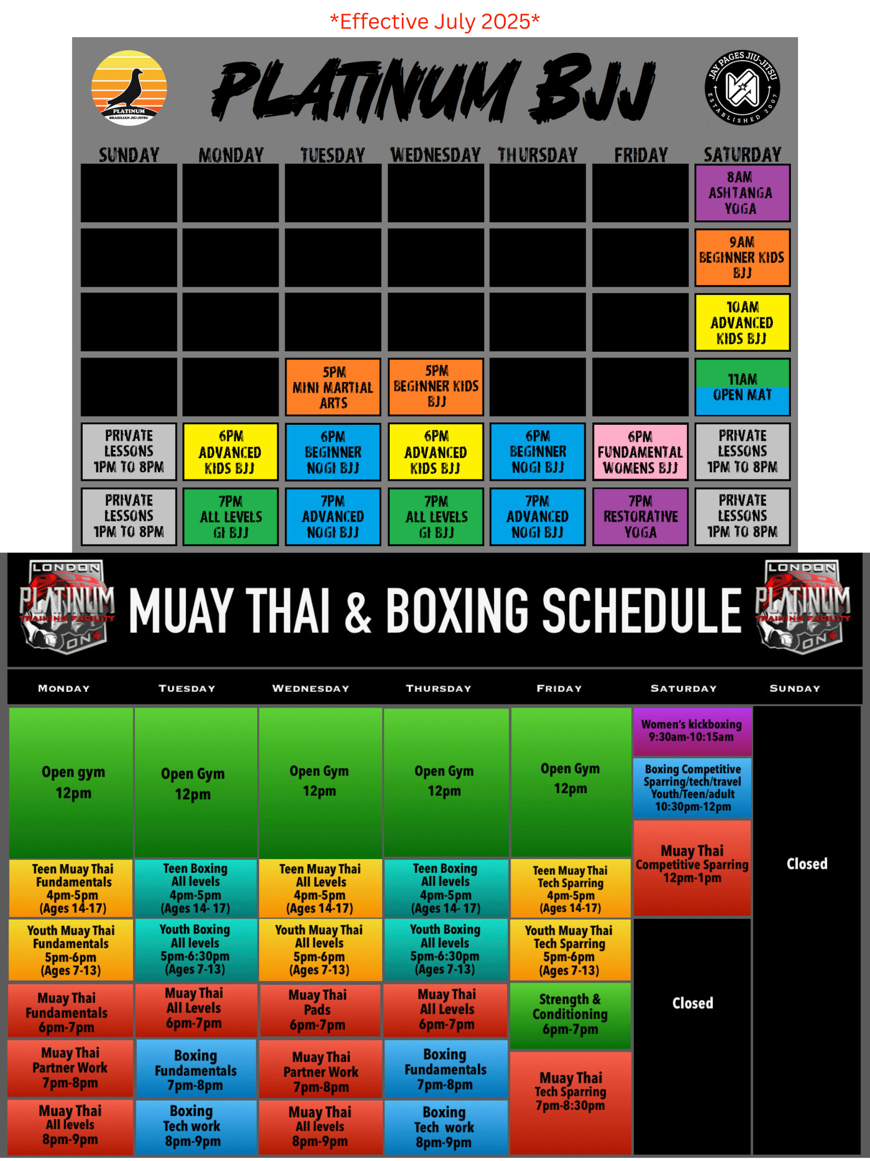 Platinum Training Facility Schedule