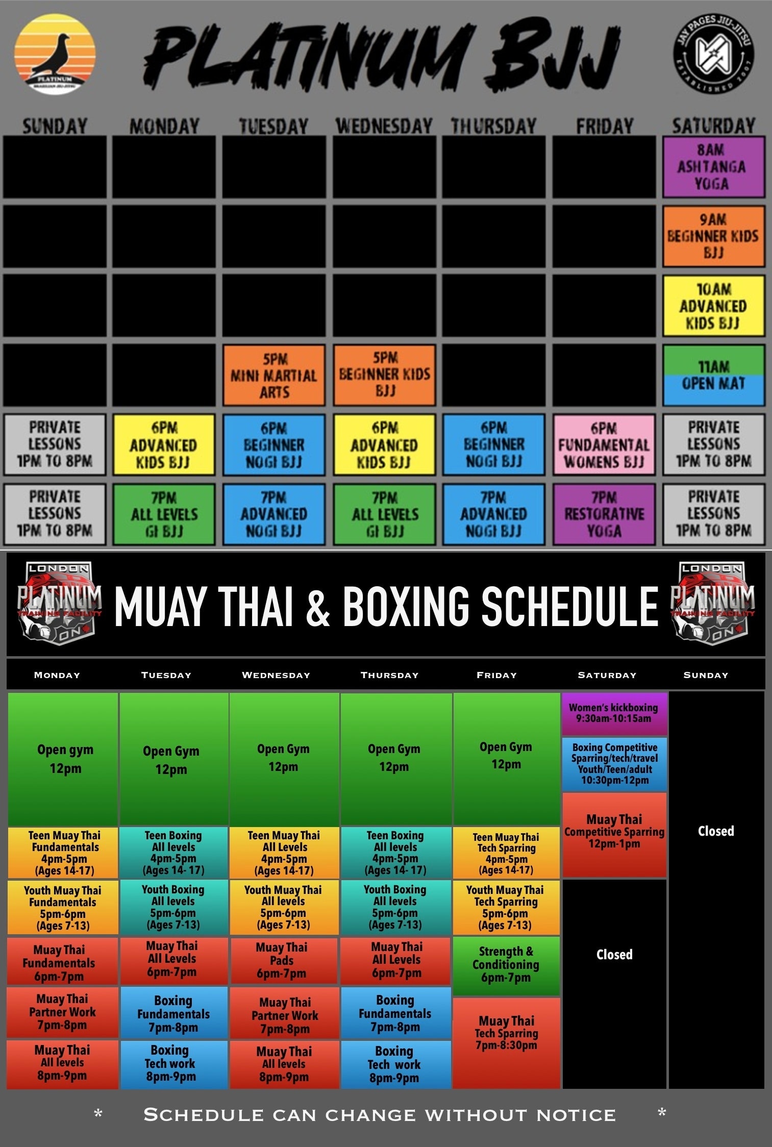 Platinum Training Facility Schedule