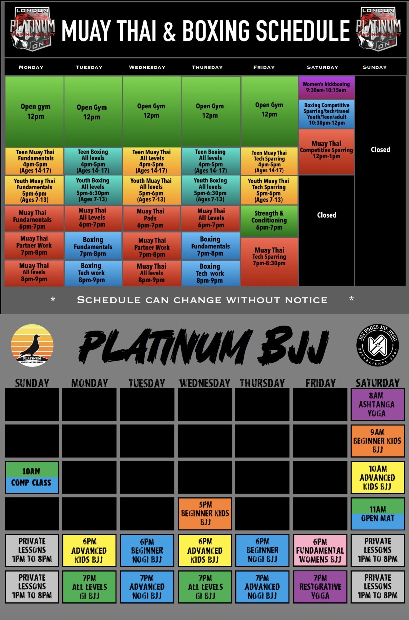 Platinum Training Facility Schedule