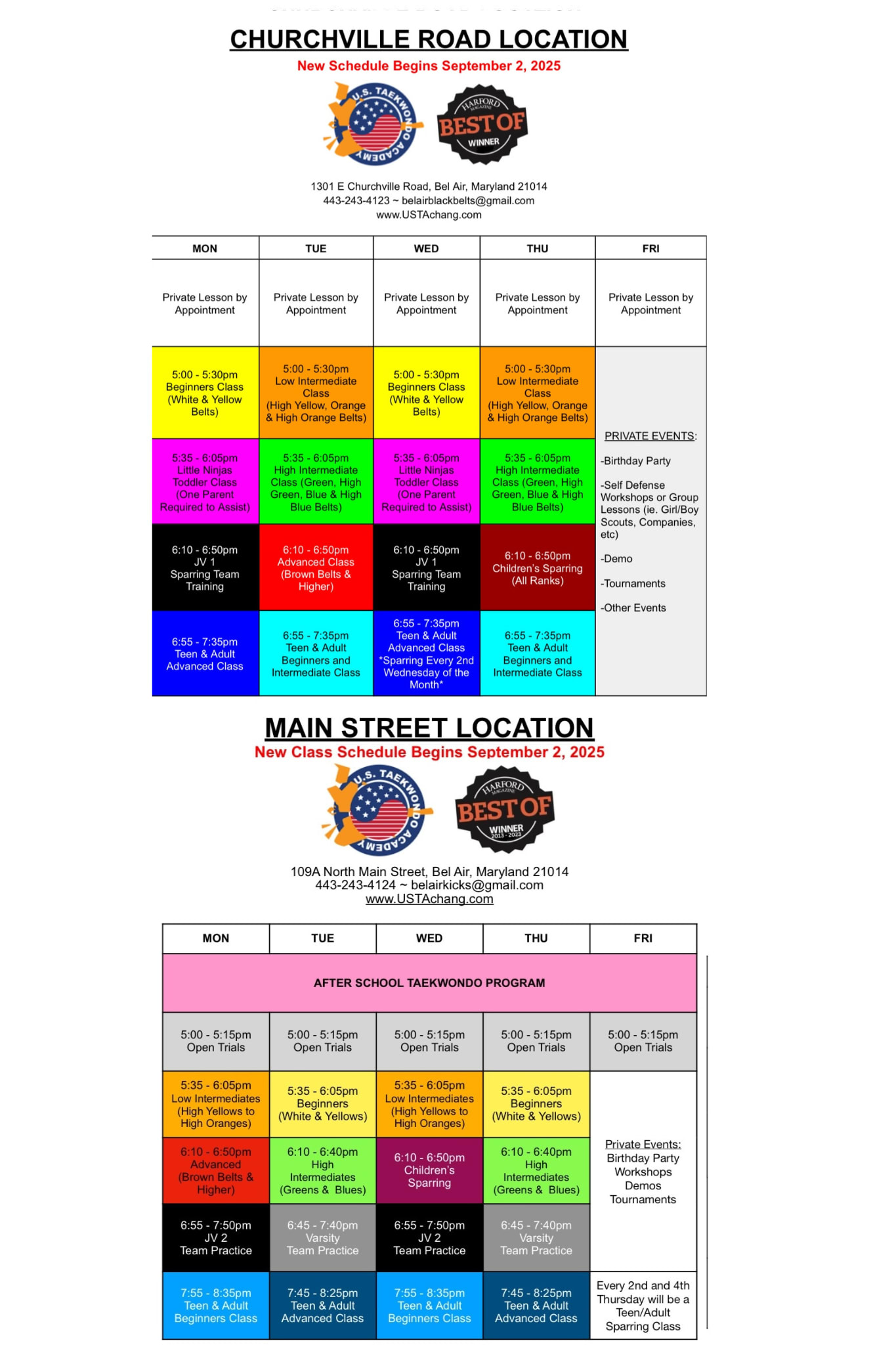 U.S. Taekwondo Academy Schedule