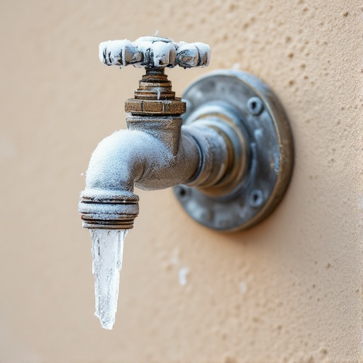 Frozen outdoor water faucet with ice formation during Longmont winter