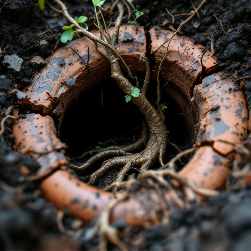 Tree roots growing into and blocking a damaged clay sewer pipe