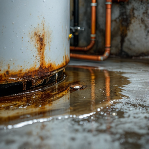 Water leak pooling around the base of a failing water heater tank