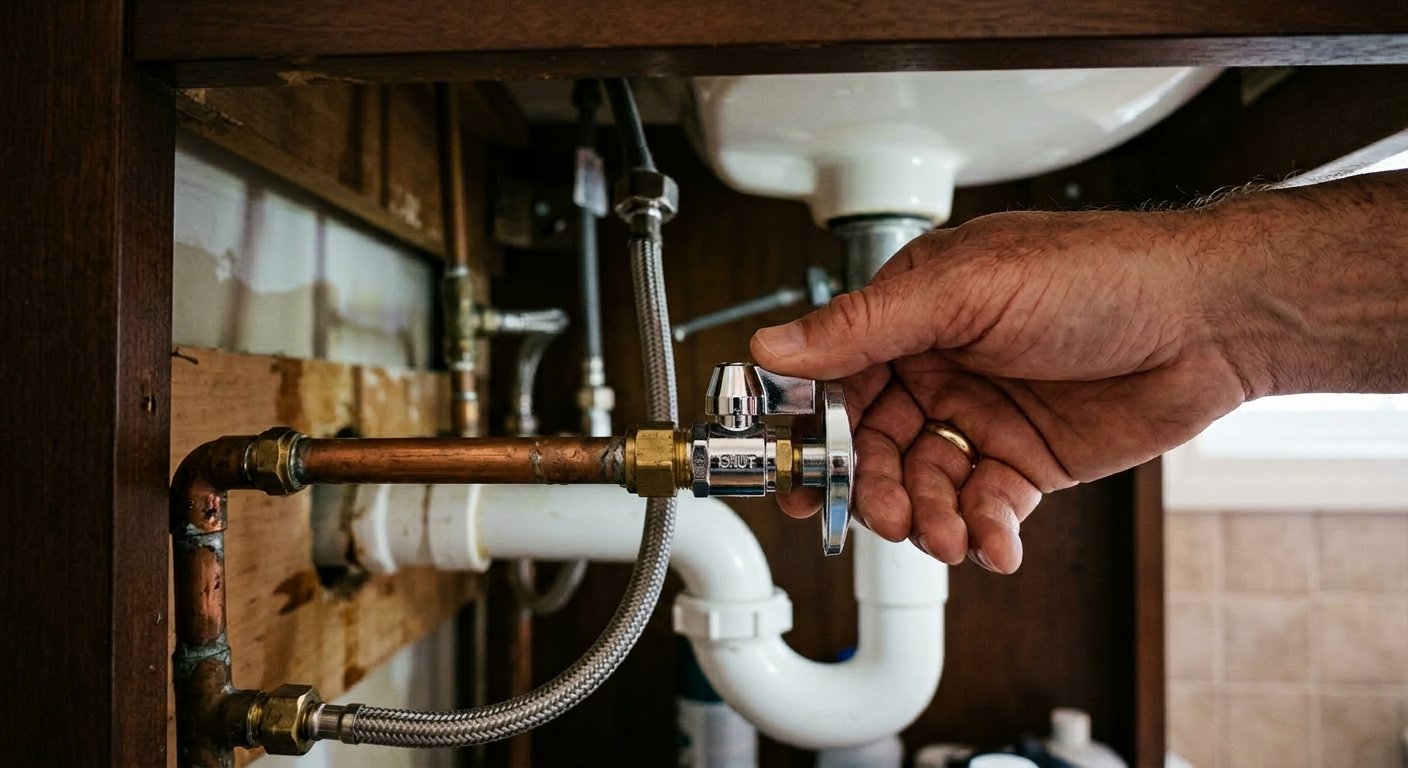 Homeowner shutting off water supply valve during plumbing emergency
