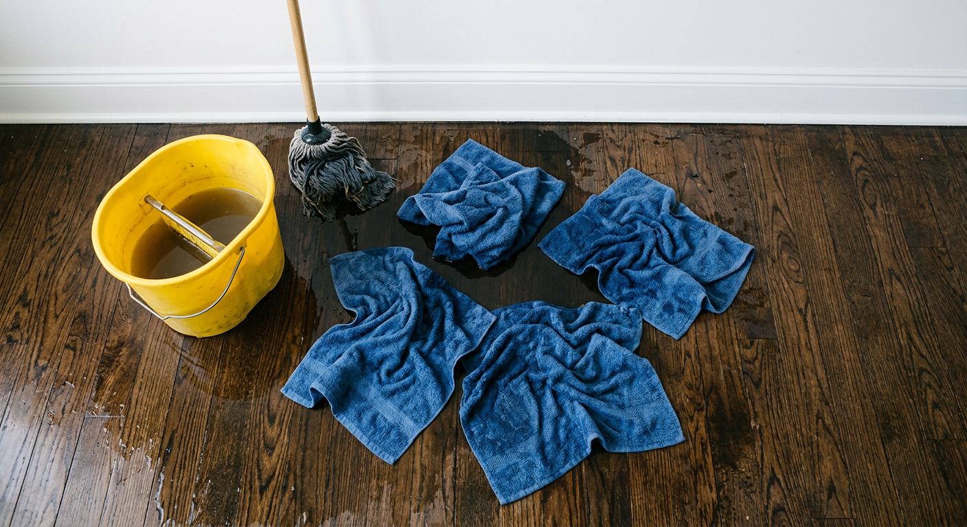 Towels and bucket containing water damage on hardwood floor