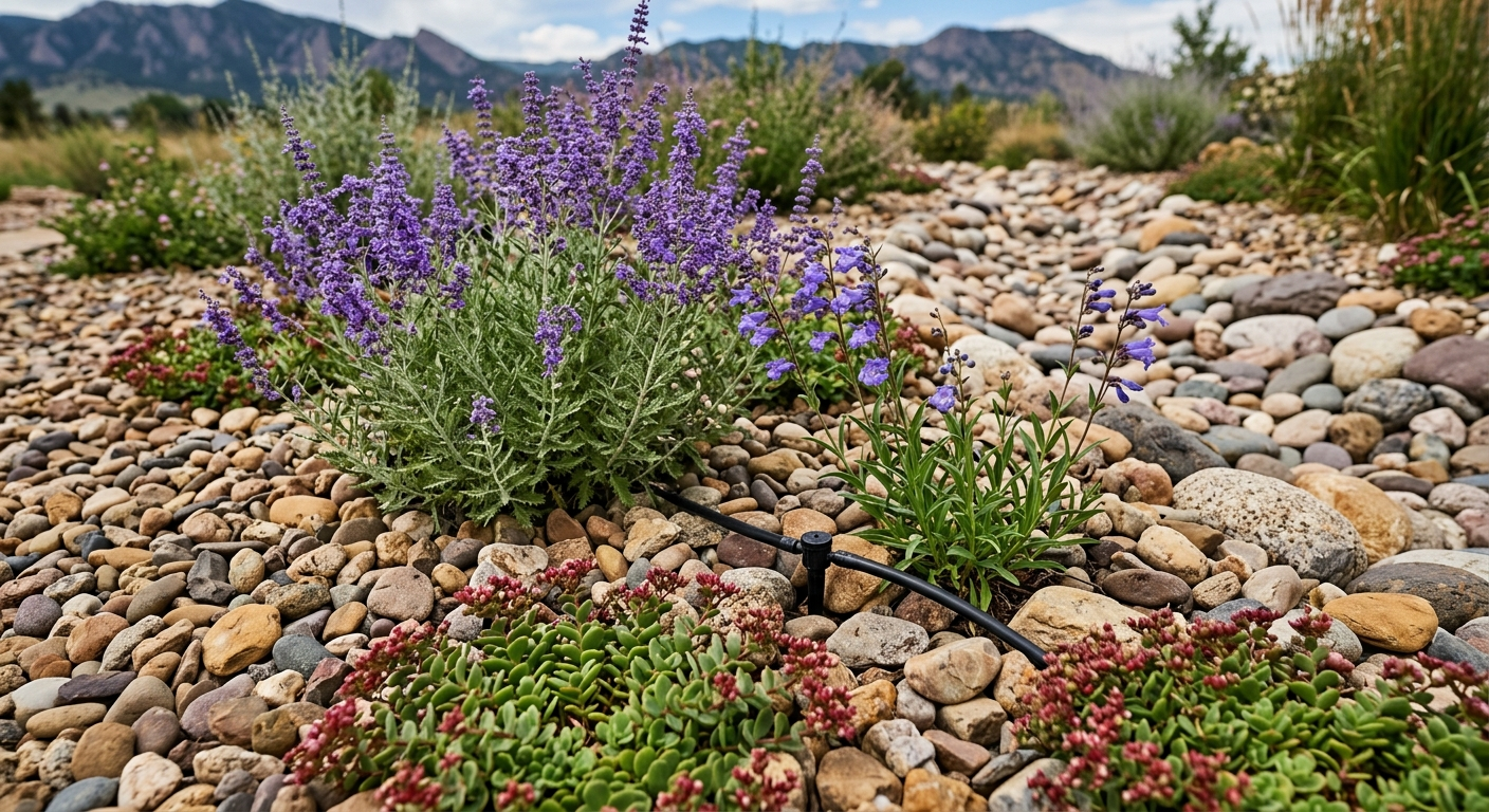 Water-wise xeriscape landscaping with drip irrigation in Boulder County