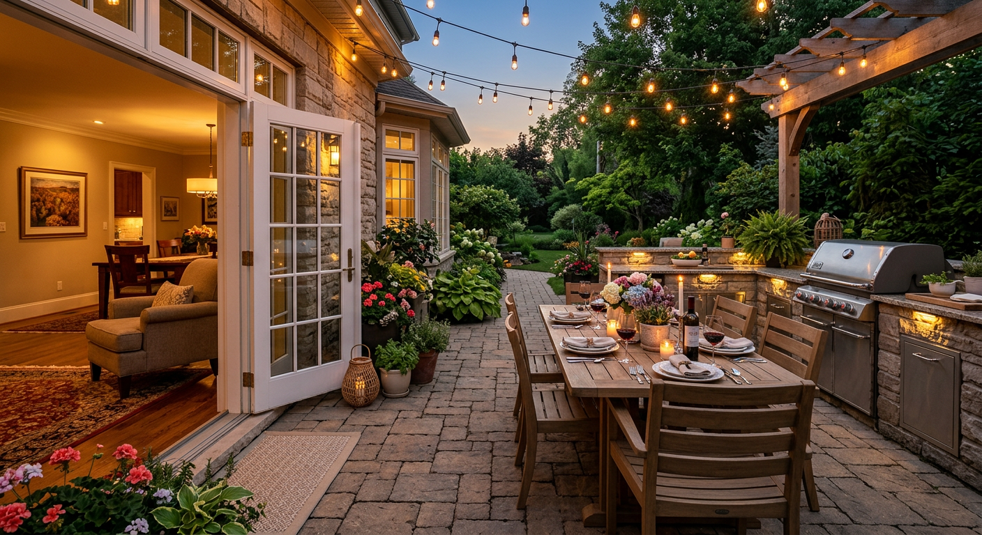 Seamless indoor-outdoor living space connection with patio and dining area
