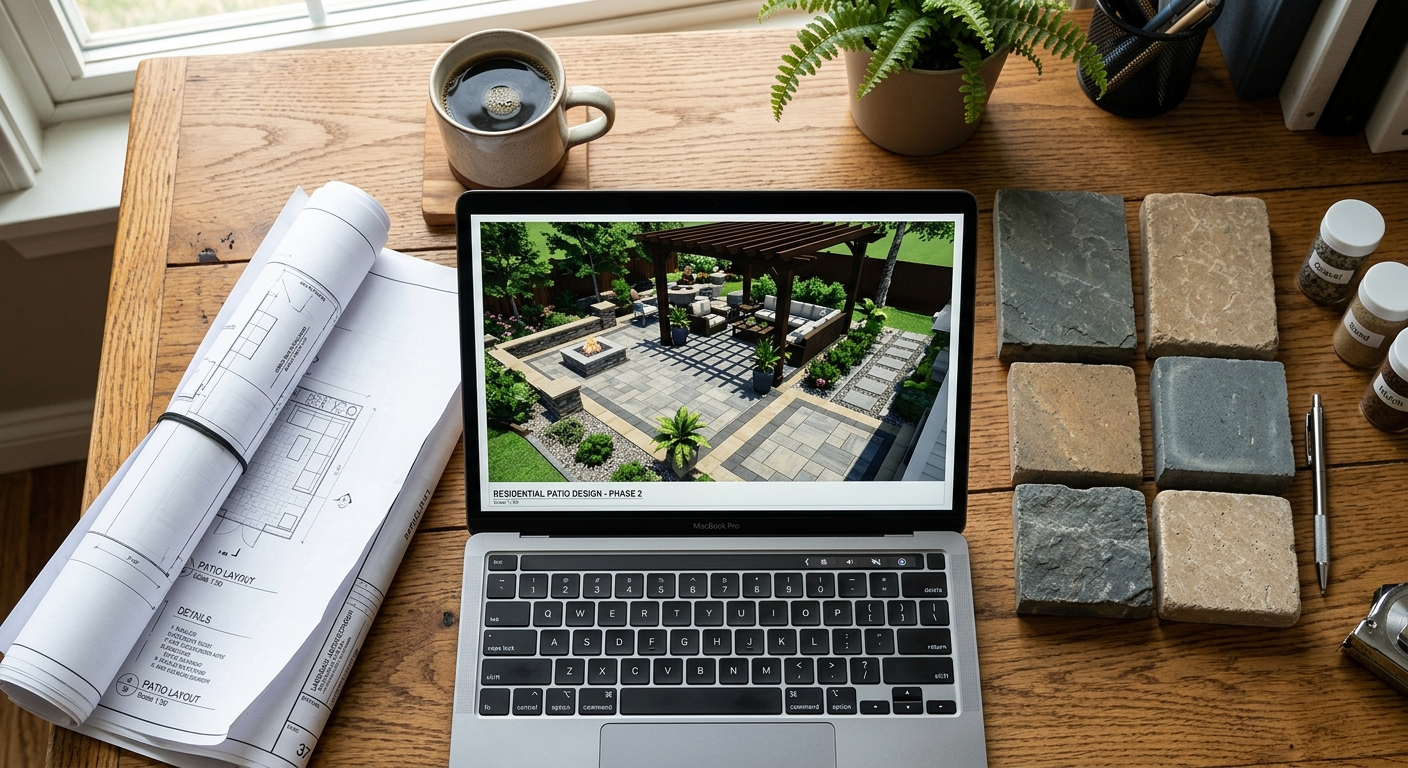 3D landscape design rendering and material samples for custom patio planning