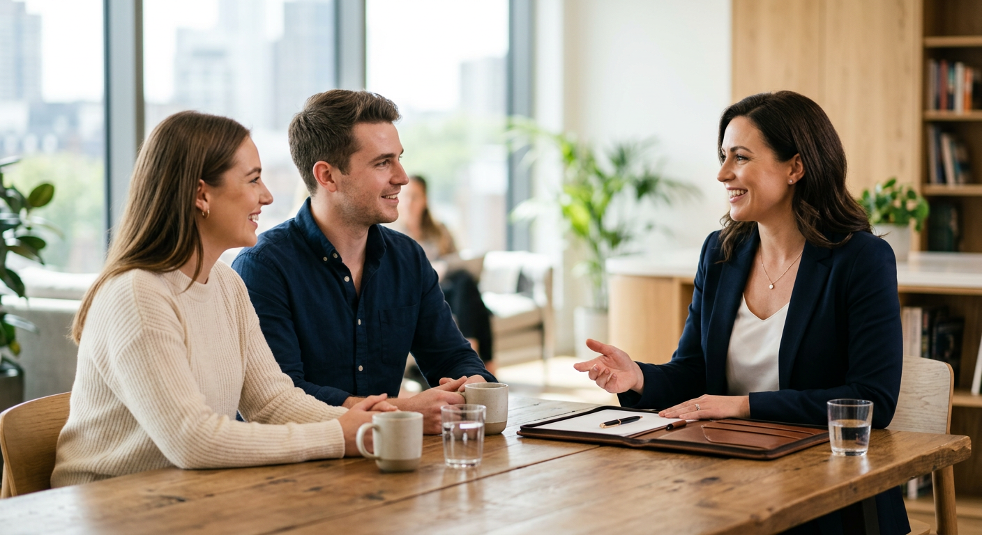 Professional real estate agent meeting with clients in a modern office, confident and approachable, natural light