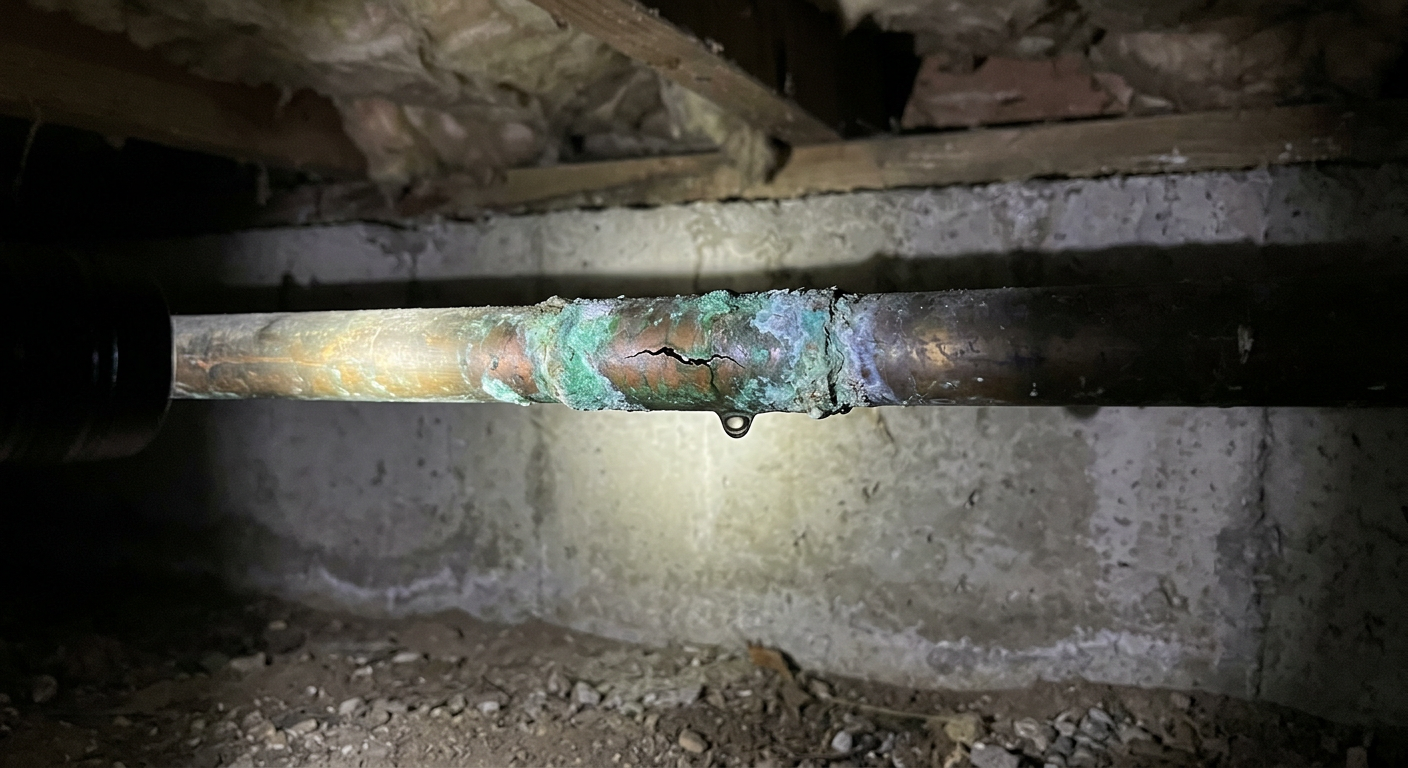 Hidden pipe leak in crawl space from winter freeze damage