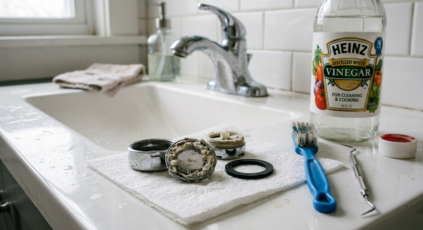 Clogged faucet aerator with mineral deposit buildup causing low pressure