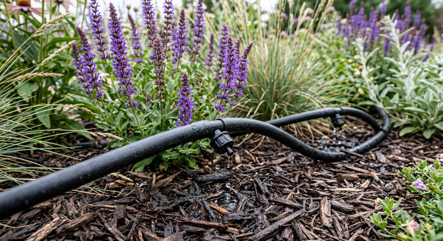 Drip irrigation system delivering water to Colorado native plant bed