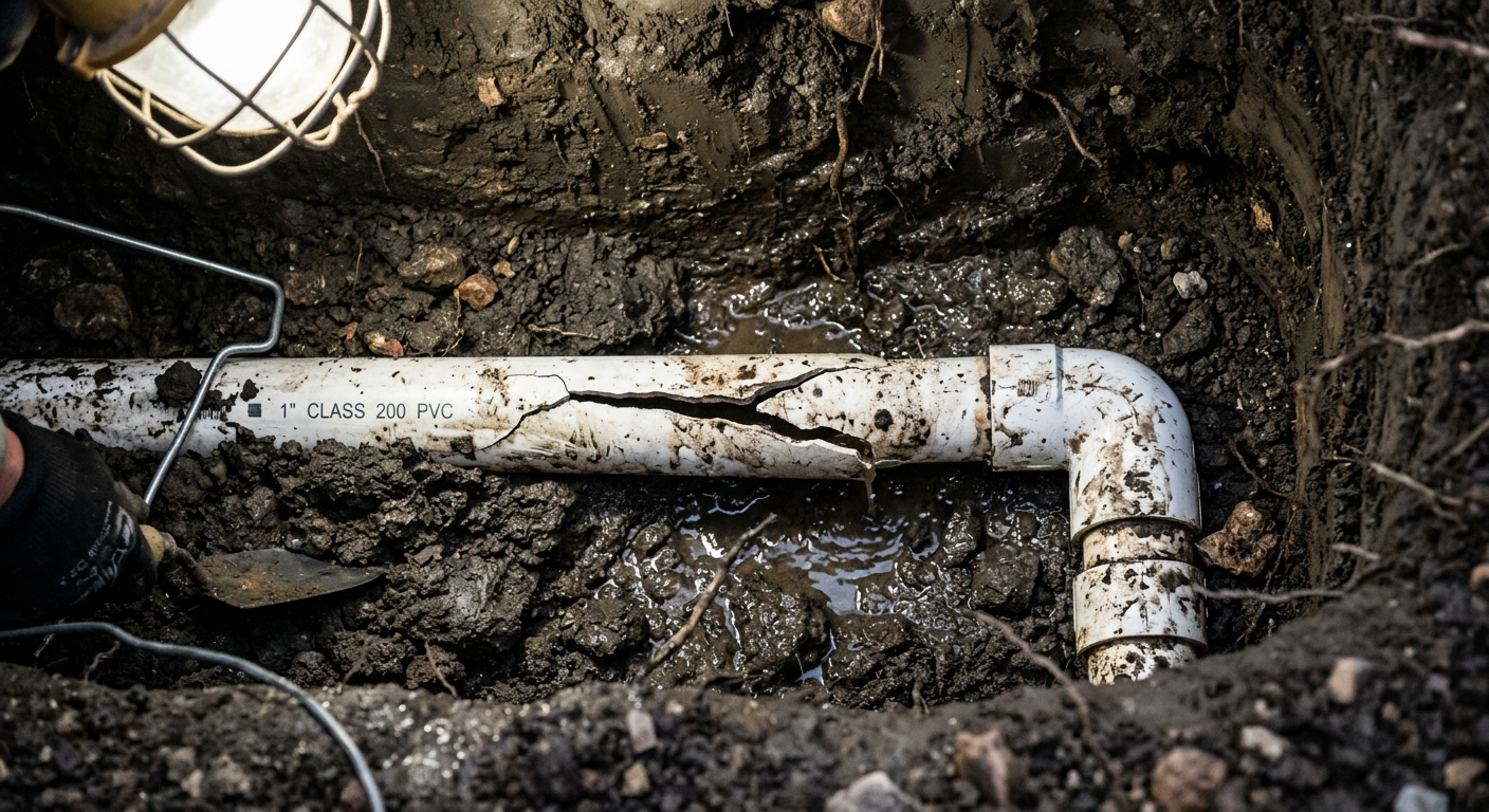 Damaged underground irrigation pipe in Colorado clay soil