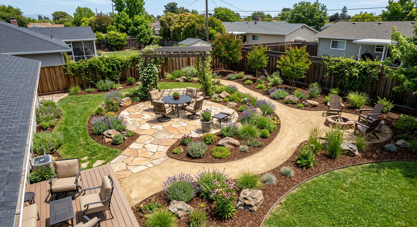 Low-maintenance backyard landscape design with patio and native Colorado plants