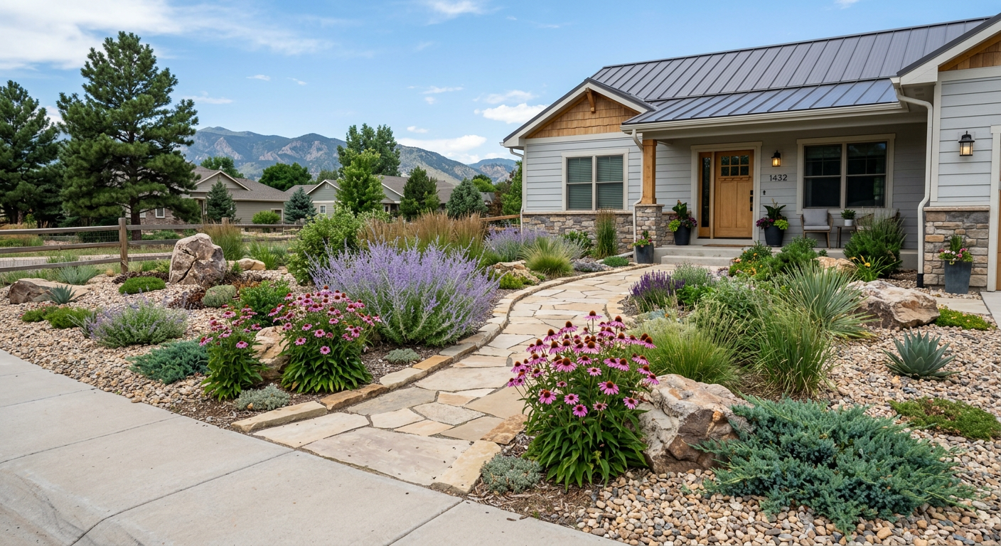 Water-wise xeriscape front yard landscaping in Longmont, Colorado