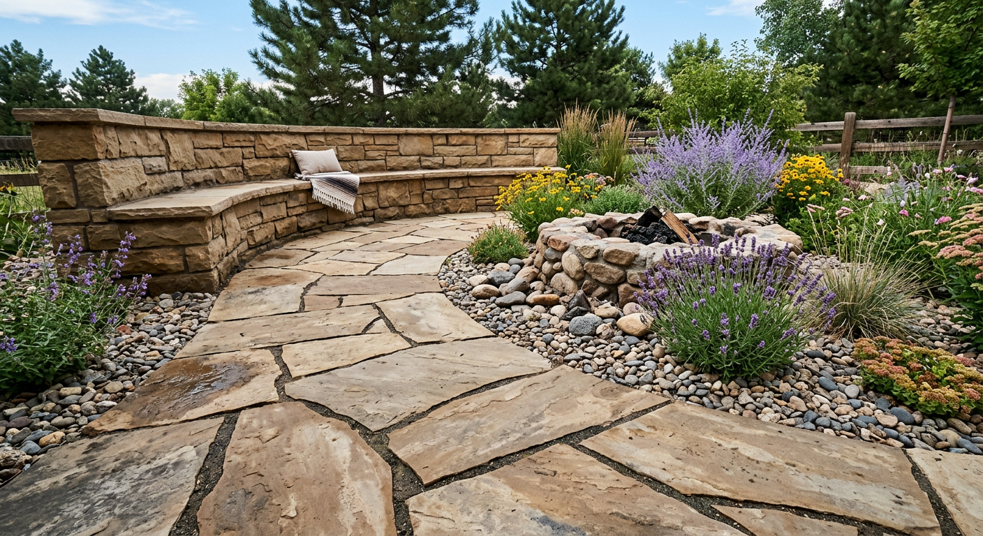 Flagstone patio installation with fire pit and drought-tolerant landscaping in Northern Colorado