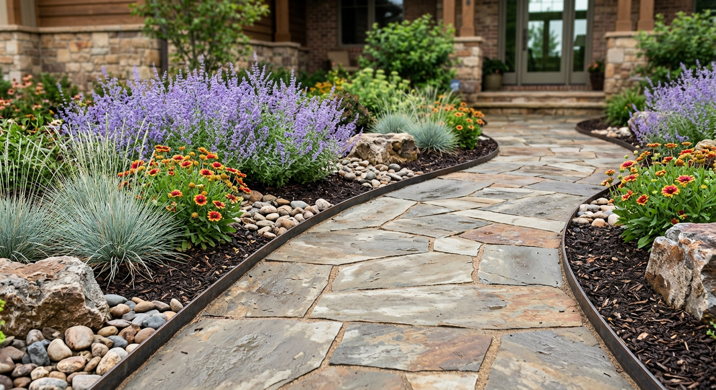 Flagstone walkway with native Colorado plants and decorative rock landscaping
