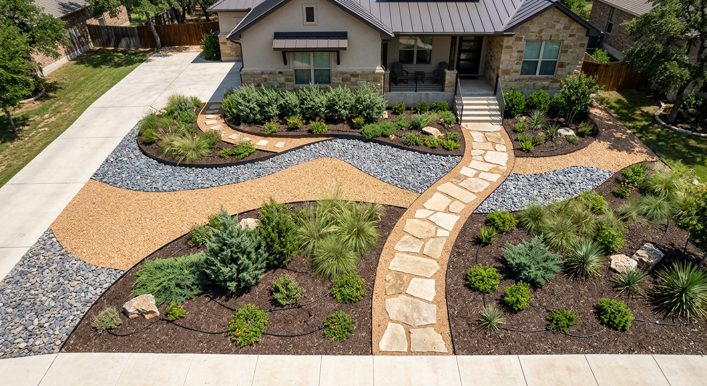 Xeriscape front yard with drip irrigation system and drought-tolerant plants in Colorado