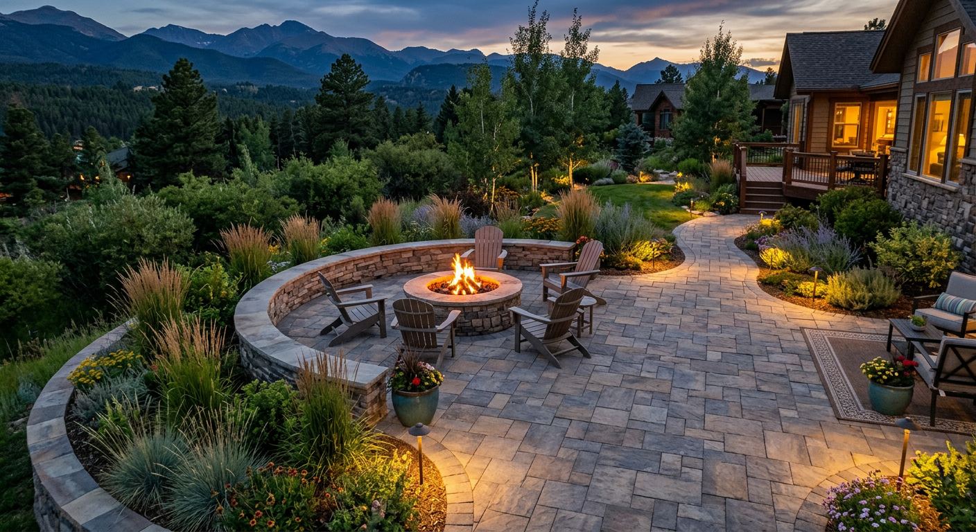 Complete paver patio with fire pit and landscaping in Northern Colorado backyard